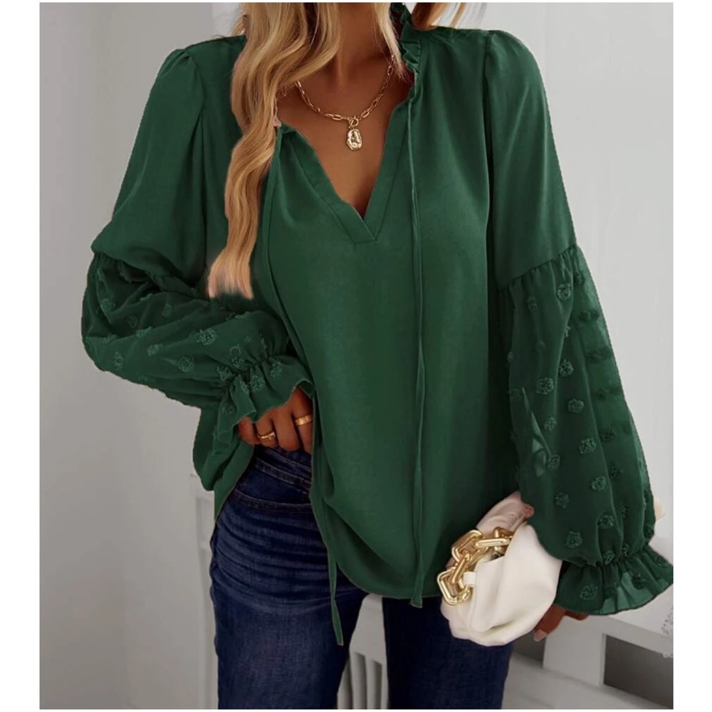 Boho Swiss Dot Sheer Sleeve Ruffle Blouse - Picture 12 of 14